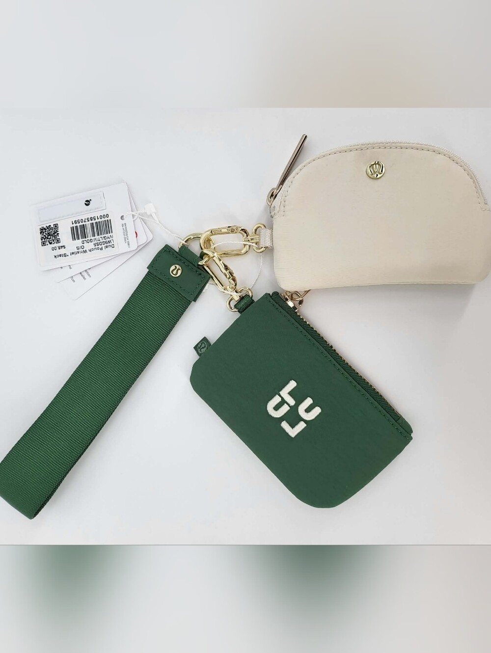 Lululemon Dual Pouch Wristlet 3-Piece Set Detachable Zipper Green Beige